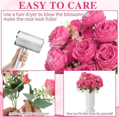 8 Pack Hot Pink Peonies Artificial Flowers, Fake Silk Hydrangea Bouquet for Bridal Wedding Home Table Decor Reusable Dining Opening Ceremony Birthday Arrangement Faux Floral