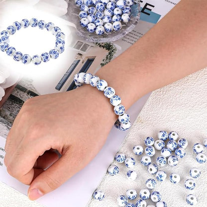 120PCS Ceramic Beads 10mm Round Porcelain Blue Floral Print Handmade Spacer Beads Craft Kit for Jewelry Making DIY Bracelets Necklaces