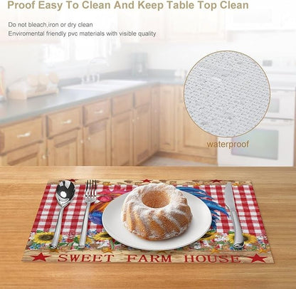 Farm Rooster Placemats, Vintage Rustic Farmhouse Lattice Sunflower Flower Chicken Animal Print Washable Fabric Placemats Table Kitchen Dining Party 12x18 Inch Set of 4