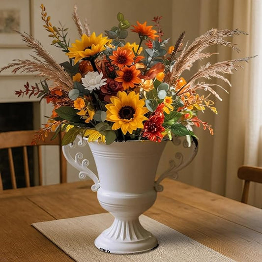 8.3" Shabby Chic European Urn Vase, Distressed Vintage Metal Body with Heavy Cast Iron Double Handles, Romantic Farmhouse Centerpiece for Mantel or Table Decor