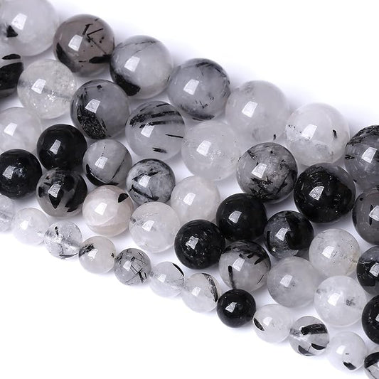 8MM 45PCS Natural Crystal Stone Black Rutile Quartz Gemstone 2A Grade Loose Beads for Jewelry Making DIY Bracelet Necklace Semi Precious Beads 1 Strand