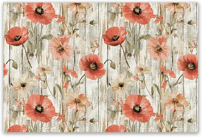 Placemats Set of 4 Waterproof Oilproof Table Mats Vintage Poppy Flowers Washable Wipeable Heat Resistant Easy to Clean for Indoor Outdoor Party Kitchen Dining Table Decoration 12 * 18in