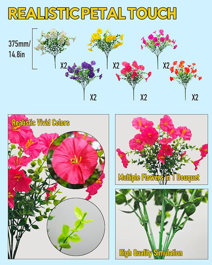 Realistic Silk Faux Flowers for Outdoor Decorations - 12 Bundles UV Resistant Artificial Flowers Outside for Hanging Basket Planter Window Box, Morning Glory Fake Plants for Home Porch Garden Décor