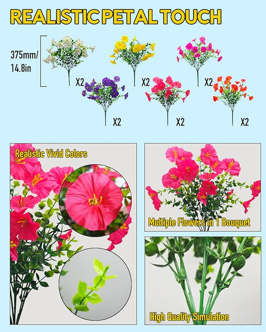 Realistic Silk Faux Flowers for Outdoor Decorations - 12 Bundles UV Resistant Artificial Flowers Outside for Hanging Basket Planter Window Box, Morning Glory Fake Plants for Home Porch Garden Décor