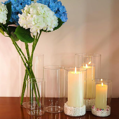 Hurricane Glass Candle Holder Clear Cylinder Vases, Pillar Candle Holders For Floating Candles Table Centerpiece Modern Glass Vases For Weeding Centerpieces Decoration Party Home Decor (2 Sets, S+M+L)