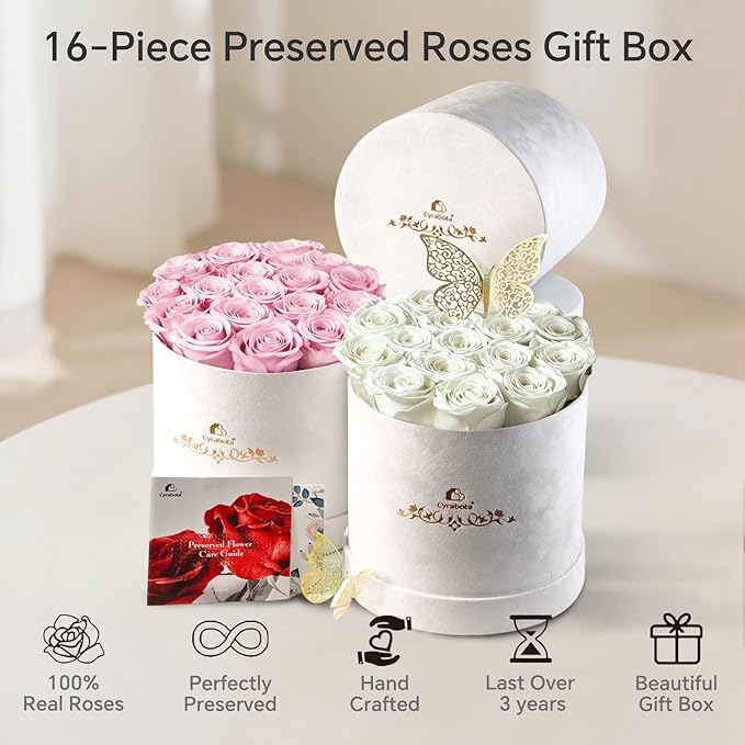 16 Pink Preserved Flowers in Round Gift Box, Forever Flowers Eternal Roses for Mother's Day, Birthday, Anniversary, Valentine's Day Gifts for Women Light Pink