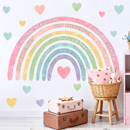 Large Rainbow Wall Stickers Kids Inspirational Wall Decal for Girl Bedroom Peel and Stick Watercolor Rainbow Wall Decals Pastel Pink You are Decor Vinyl Positive Art Murals for Baby Bedroom Playroom