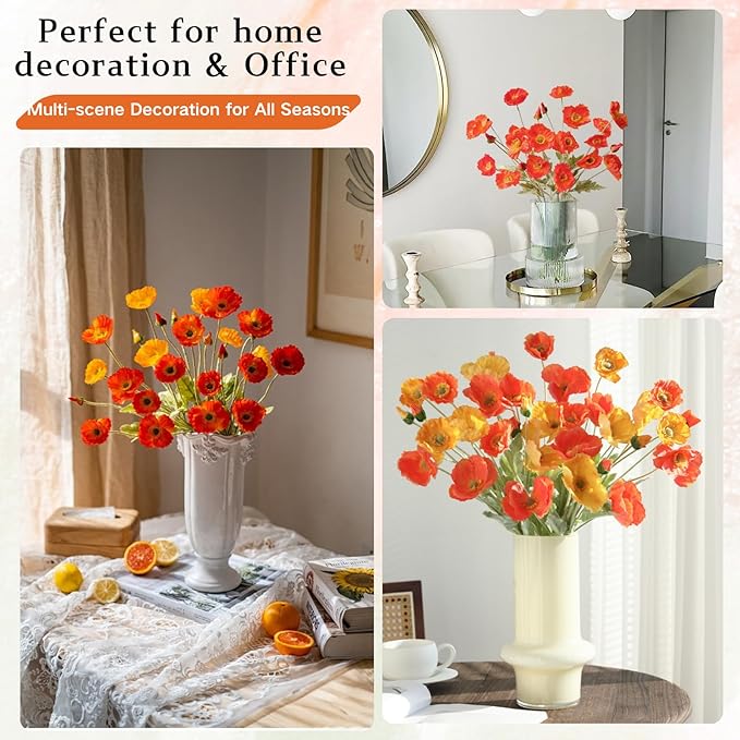 ASTRYAS Poppy Artificial Flowers, 8Pcs Silk Poppies Fake Faux Flowers for Decoration Silk Bouquet,for Wedding, Home, Party Decoration,Table Centerpiece Arrangement(Orange Red, 8pcs)