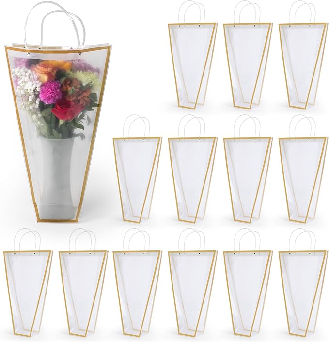 14 Reusable Floral Vase Bag for Bouquets - Portable Flower Bouquet Bags with Ventilation Holes and Ergonomic Handles, Gift-Ready, Tuxedo Gold