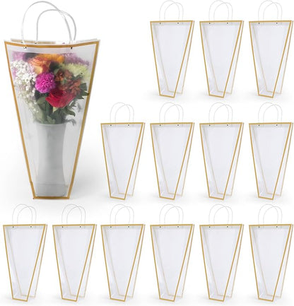 14 Reusable Floral Vase Bag for Bouquets - Portable Flower Bouquet Bags with Ventilation Holes and Ergonomic Handles, Gift-Ready, Tuxedo Gold