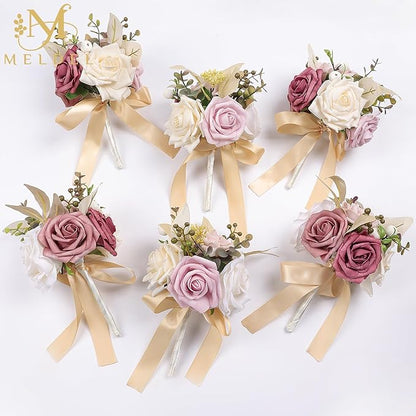 Meldel Set of 6 Wedding Flowers Fake Rose Mini Bridesmaid Bride Bouquets Dusty Pink Ivory Small Floral Wedding Centerpieces Decor Artificial Flower Arrangements for Tables Home Party Decorations