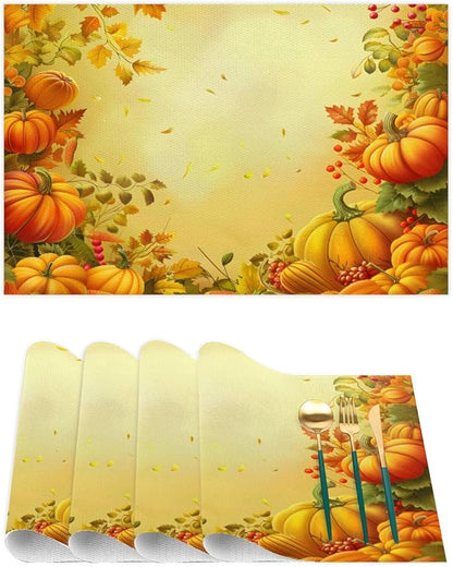 Thanksgiving Fall Yellow Pumpkin Placemats Set of 1 PVC Vinyl Non Slip Table Mats Heat Resistant Place Mats Washable Wipeable Dining Table Mat for Kitchen Decor Party Indoor Outdoor Decorative Gift