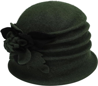 ZLYC Women Wool Cloche Bucket Hat 1920s Vintage Dress Winter Hats with Flower Accent