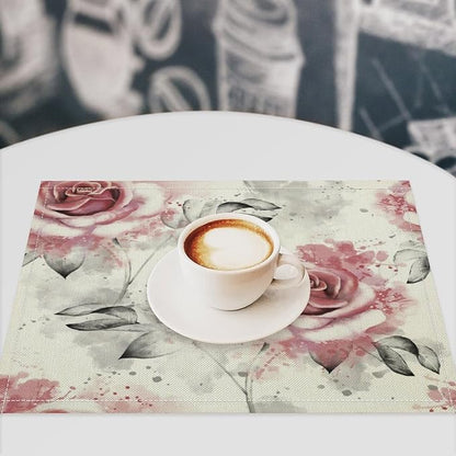 Rose Placemats Set of 8, 17x12 Inch Vintage Romantic Floral Pink Rose Gray Leaf White Table Mats for Home Party Kitchen Dining Decor