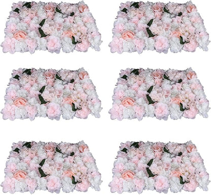 6Pcs 15.75"x 23.62x 0.79" Artificial Flower Wall Panels,Flower Wall Mat Silk Flower Panels for Outdoor Garden Backyard Fence Fence Privacy Screen and Indoor Wall Decor (6Pcs White+Pink)