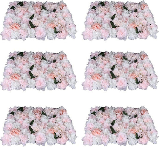 6Pcs 15.75"x 23.62x 0.79" Artificial Flower Wall Panels,Flower Wall Mat Silk Flower Panels for Outdoor Garden Backyard Fence Fence Privacy Screen and Indoor Wall Decor (6Pcs White+Pink)