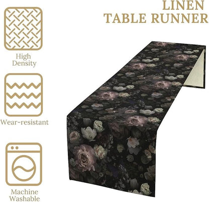 Vintage Floral Table Runner, Black Pink Flower Rose Gothic Garden with Beautiful Blooming Roses Print Table Runner for Home Kitchen Dinning Table Indoor Outdoor Holiday, 13x36inch