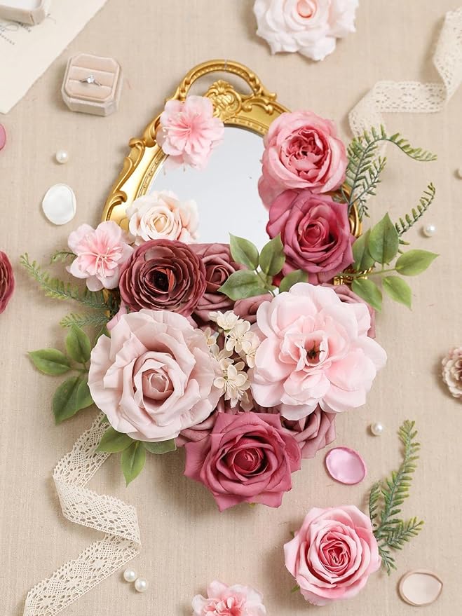 Artificial Flowers Combo Box Nude Pink Flowers Silk Fake Roses Dahlia with Stems for DIY Wedding Bridal Bouquets,Table Centerpieces,Cake Floral Arrangement,Baby Shower,Birthday Home Decor