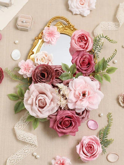 Artificial Flowers Combo Box Nude Pink Flowers Silk Fake Roses Dahlia with Stems for DIY Wedding Bridal Bouquets,Table Centerpieces,Cake Floral Arrangement,Baby Shower,Birthday Home Decor