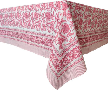 ATOSII Red Bloom 100% Cotton Rectangle Tablecloth, Block Print Floral Linen Table Cloth for Dining Parties Outdoors Weddings Holidays I 72 X 140 Inches, 12 Seater, Summer Farmhouse Grandmillennial