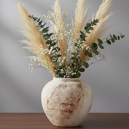 Vintage Ceramic Vase, Minimalist Texture Stone Patterned White Flower Vase, Decorative Vase for Living Room Shelf Farmhouse Dining Table Centerpiece Decor (Rustic 7.9'')