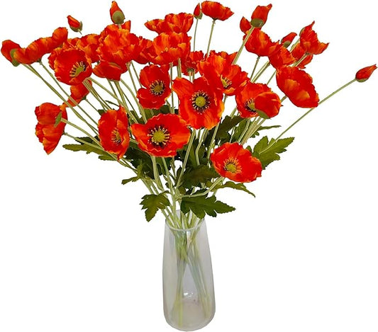 ATFL Orange and Red Poppy Flowers Artificial,12 Pcs Silk Fake Poppy Flowers,Faux Poppies Bulk for Home Decor Table Centerpieces Floral Arrangement,Poppies Bouquet for Wedding (23.5‘’, Orange-red)