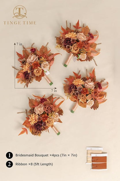 TINGE TIME 7 Inch Wedding Bouquets for Bridesmaid, Set of 4, Artificial Flowers Cascading Bridal Bouquet for Fall Wedding Ceremony Anniversary Bridal Shower and Rustic Vintage Wedding (Maple Red)