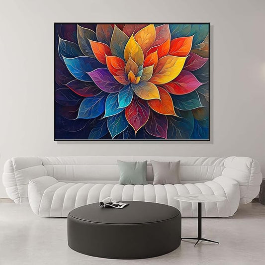Colorful Flower Canvas Wall Art, Abstract Floral Canvas Prints, Lotus Blossom Pictures Wall Decor, Zen Painting, Yoga Studio Wall Decor (Black Framed, 27"Wx19"H/70x50cm)