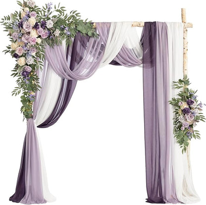 Ling's moment Wedding Arch Flowers with Sheer Drapes Kit - Artificial Purple and Gold Rose Floral Arrangements for Ceremony Backdrop, Arbor Decor, 5-Piece Set (2 Flower Stems + 3 Hanging Drapes)
