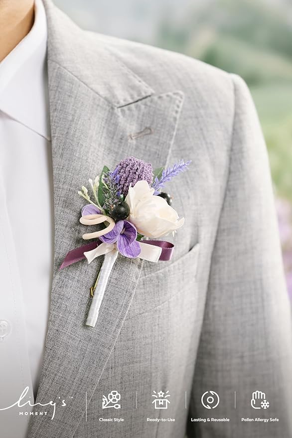 Ling's moment Boutonniere for Men, 6pcs Groom Groomsmen Boutonniere, Artificial Flowers for Wedding Decor/Prom/Homecoming, etc.Purple Lavender Lilac