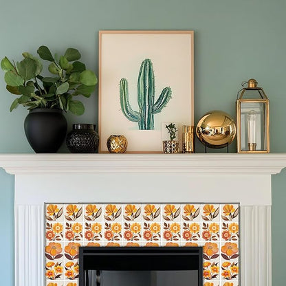 CHGCRAFT 36 Pcs 4 Style Wall Stickers Orange Flowers Peel and Stick Wall Tile Sticker Art Flowers Waterproof Self Adhesive Stick on Tile Decals for Kitchen Bathroom Art Decor, 4×4 Inch