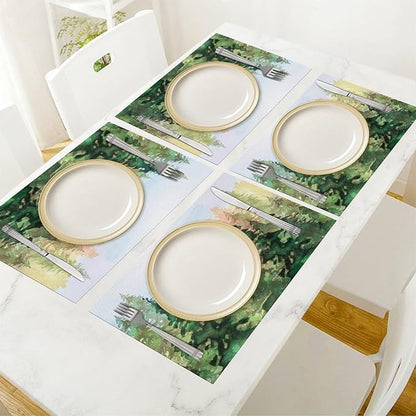 Green Forest Placemats Set of 6,Watercolor Tree Spring and Summer Kitchen Living Room Table Decor Dinner Mat 12x18 Inch 6 PCS, Style-8