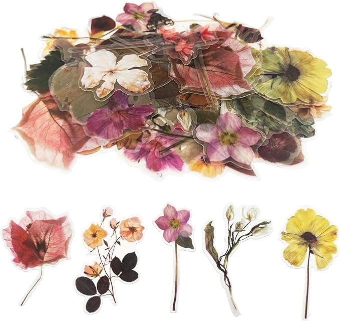 Transparent Flower Stickers for Scrapbooking PET Nature Plant Stickers Floral Stickers Vintage Craft Sticker Colorful Small Flower Sticker for Journaling Scrapbooking Clear Flower Decals(Style D)