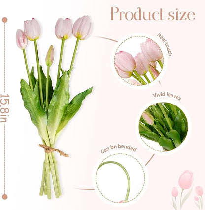 15Pcs Fake Tulips Artificial Flowers Real Touch Latex Bouquet Faux Tulips for Centerpiece Arrangements Wedding Party Home Décor (Light Pink)