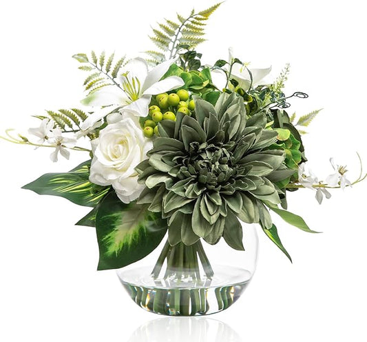 Artificial Flowers in Vase with Fake Water, Silk Rose Dahlia Lily Flowers Bouquet with Glass Vase for Home Birthday Party Wedding Dinning Table Office Hotel Decor Gift (Green & White Mixed)