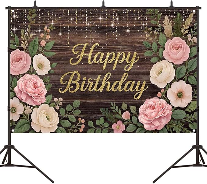 Wooden Floral Birthday Backdrop Pink and Gold Rustic Wood Birthday Party Background Girls Women Cake Table Favors Flowers Bday Cake Smash Photo Booth Banner with Copper Grommet