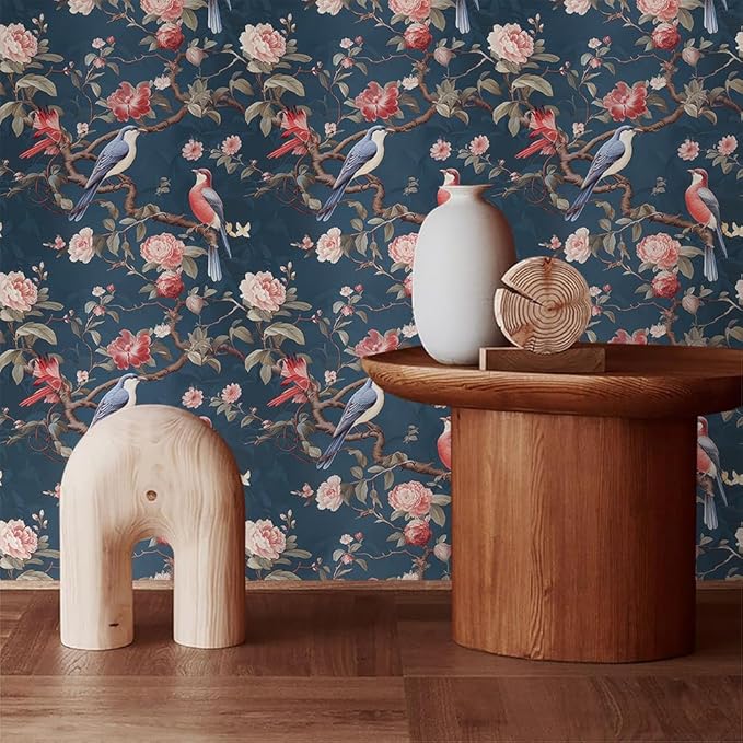 Abstract Blue Red Birds Floral Vintage Peel and Stick Wallpaper Easy Peel Off Contact Paper Stick on Adhesive Wall Paper for Bathroom Waterproof Renter Friendly