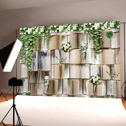 7x5ft Book Backdrop for Party Flower Garlend Book Pages Wedding Background for Books Lovers Photography Studio Props KUBDJ091