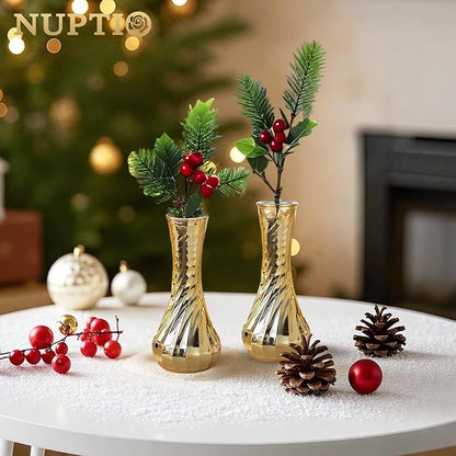 NUPTIO Glass Bud Vase Gold: 6 Pcs Small Flower Vases for Wedding Party Table Centrepiece - Vintage Ribbed Vase for Home Birthday Reception Decorations