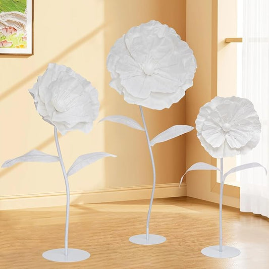 White Giant Flowers with Stand - 3 Metal Base Giant Paper Flower Flexible Big Flowers Decor for Birthday Party Baby Show Wedding Art Exhibition