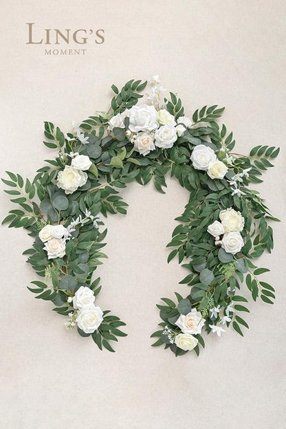 Ling's Moment Flower Garland - 6FT Eucalyptus & Rose - Sweetheart Table Decor for Wedding Reception, Artificial Floral Garland for Mantle, Spring Garden Ceremony, Christmas Decoration, Ivory White