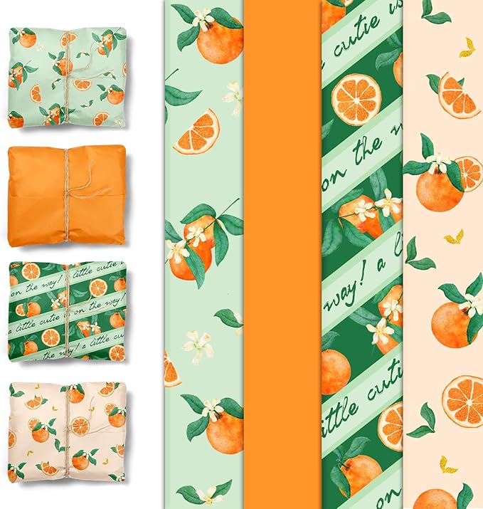 NICROHOME EUR Little Cutie Baby Shower Decorations Tissue Paper, 24 Sheets Orange Green Citrus Print Gift Tissue Wrapping Paper for Birthday, Summer Party, Fruit Party Craft Wrapping