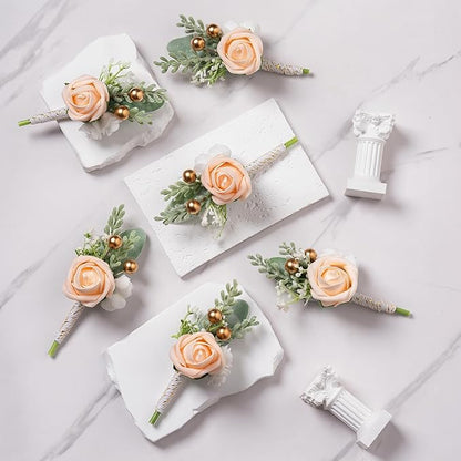 Meldel Champagne Boutonniere for Men Wedding, Set of 6, Groom Groomsman Boutonniere, Mens Boutonnieres for Wedding Prom Ceremony Anniversary Party Homecoming Graduation