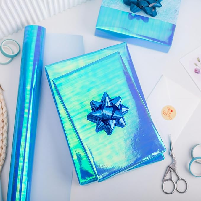 Yarcony Metallic Iridescent Wrapping Paper - 17Inch x 33Feet - Blue Iridescence Holographic Pattern Boy Fairy Gift Wrap Present Paper for Birthday Wedding Bridal Shower Valentine's Day Mother's Day