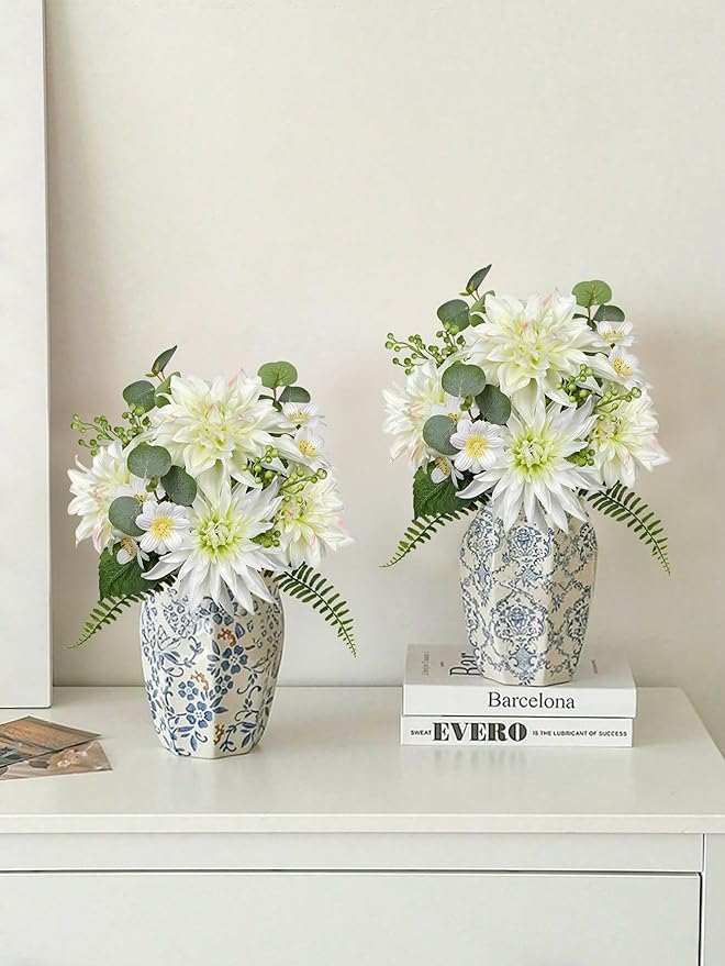Dahlia Artificial Flowers 18PCS Fake White Flowers Realistic Dahlia Daisies Silk Flower Arrangements Faux Flowers for Vase Floral Centerpiece Arrangements Wedding DIY Bridal Bouquet Party Home Decor