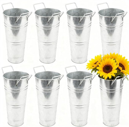 HOIGON Set of 8 Galvanized Metal Flower Vases, 9 Inch Rustic Farmhouse French Bucket with Handles,Metal Flower Holder for Weeding, Table, Home Decoration