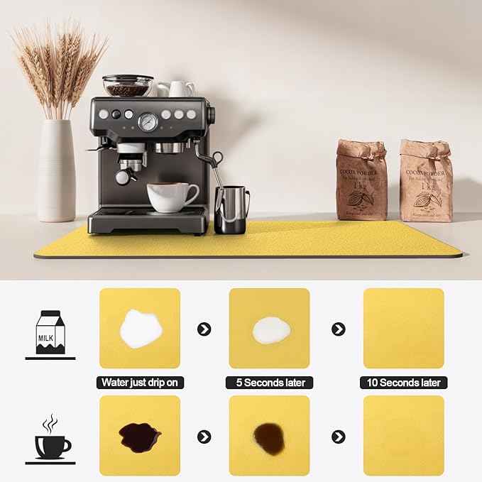 Dish Drying Mat for Kitchen Counter | Coffee Bar Mat for Countertops | Heat Resistant Drainer Mat with Non-slip Rubber Backed | Hide Stain Kitchen Absorbent Draining Mat | Yellow 16"x18"