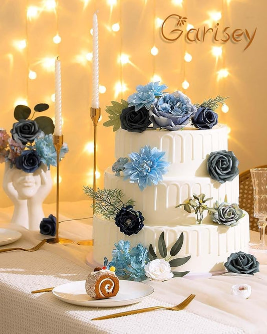 Artificial Flowers Combo Box Set Dusty Blue Flowers for DIY Wedding Bouquet Arrangements Bridal Shower Party Home Decorations(White Blue Rose)