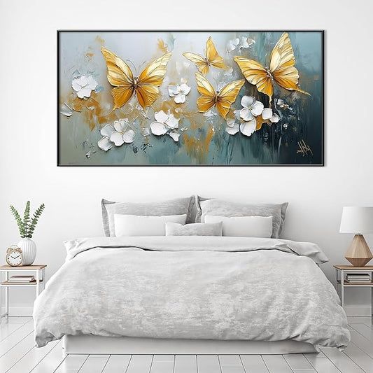 Butterfly Canvas Wall Art, Butterfly and Flower Wall Decor, Butterfly Prints, Abstract Textured Canvas Wall Art, Artwork for Walls, Oil Painting Wall Art, Wall Decor Living Room (Black Frame, *62"x31"|160x80cm)