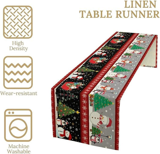 Christmas Table Runner,Cartoon Snowman Tree Xmas Deer Elk Santa Claus Print Tablecloth Burlap for Hotel Indoors Outdoor Dining Room Kitchen Home Decor,W13X L36 in